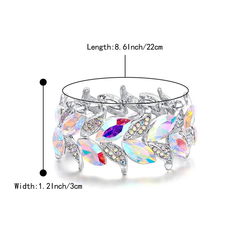 BriLove Wedding Bridal Bracelet for Women Bride Marquise-Shape Leaf Stretch Bangle Bracelets for Party Prom Iridescent AB Silver-Tone - Image 5